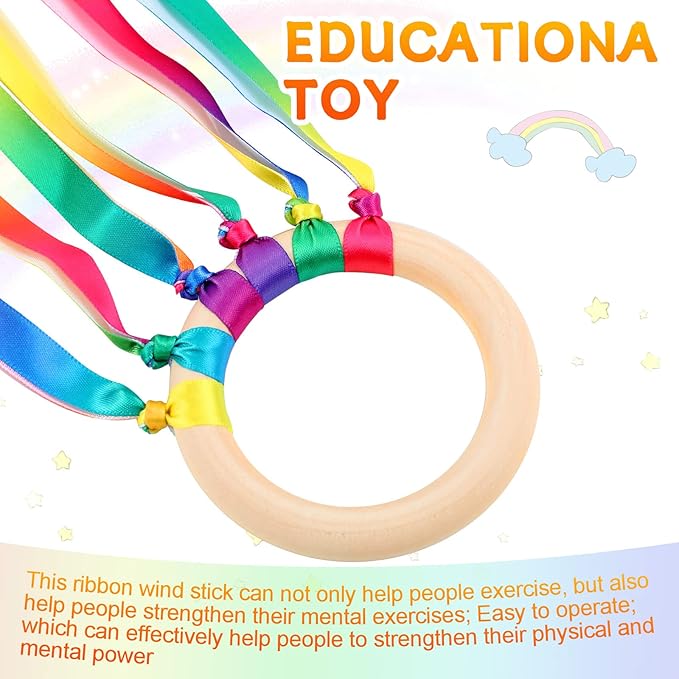 12 Pcs Rainbow Ribbon Wooden Waldorf Toys Creative Waldorf Hand Kite Set Streamers with Wood Ring Sensory Learning Educational Toy for Playroom Dancing Birthday (Gradient Color)