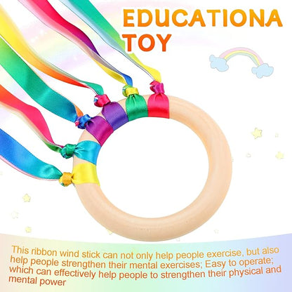 12 Pcs Rainbow Ribbon Wooden Waldorf Toys Creative Waldorf Hand Kite Set Streamers with Wood Ring Sensory Learning Educational Toy for Playroom Dancing Birthday (Gradient Color)