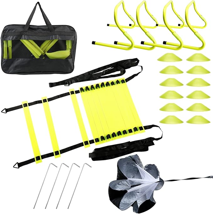 Amarine Made Speed Agility Training Set Agility Ladder (19.96ft) Including Resistance Parachute,Steel Stakes,Adjustable Hurdles,Disc Cones and a Storage Bag for Training Soccer Hockey Basketball