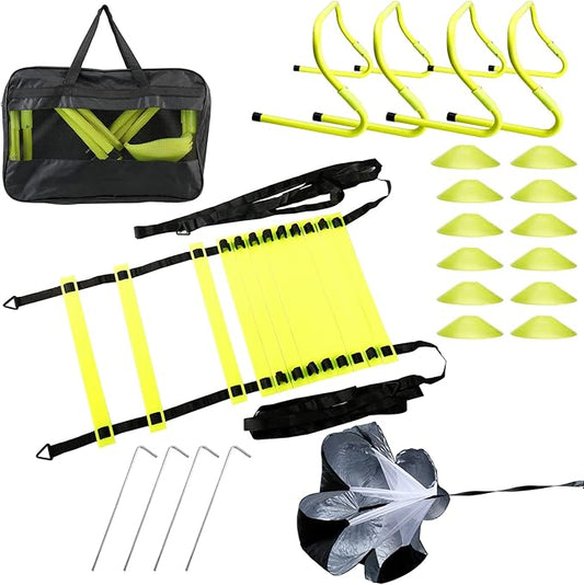 Amarine Made Speed Agility Training Set Agility Ladder (19.96ft) Including Resistance Parachute,Steel Stakes,Adjustable Hurdles,Disc Cones and a Storage Bag for Training Soccer Hockey Basketball