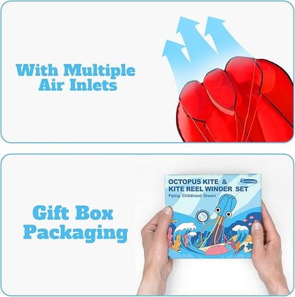 Octopus Kites for Kids & Adults Easy to Fly, 24”x 158” Large Soft Kite Kit for Boys and Girls, Single Line 3D Beach Kite Set for Teens,Perfect for Outdoor Activities