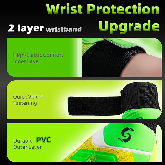 Sportout Kids Goalkeeper Gloves, Soccer Gloves with Double Wrist Protection and Non-Slip Wear Resistant Latex Material to Give Protection to Prevent Injuries