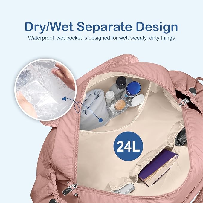 TOPDesign Travel Duffel Bag for Women, Puffer Gym Bag Sports Tote with Wet Pocket, Carry On Weekender with Luggage Sleeve (Dark Pink)