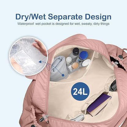 TOPDesign Travel Duffel Bag for Women, Puffer Gym Bag Sports Tote with Wet Pocket, Carry On Weekender with Luggage Sleeve (Dark Pink)