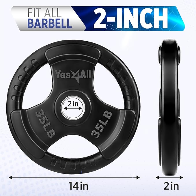 Yes4All Rubber Grip Plates for Barbell, 2-Inch Weight Plates for Weightlifting and Strength Training in Home Gym (Single, Pair and Set)