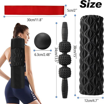 5 in 1 Foam Roller Set Trigger Point Foam Roller, Massage Roller Stick, Massage Ball, Stretching Strap for Deep Muscle Massage Pilates Yoga, Fitness Exercise for Whole Body (Black Diamond)