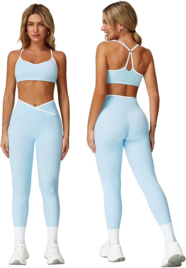 ABOCIW Workout Sets for Women 2 Piece Color Block Strappy Sports Bra High Waist Leggings Gym Yoga Pilates Outfits