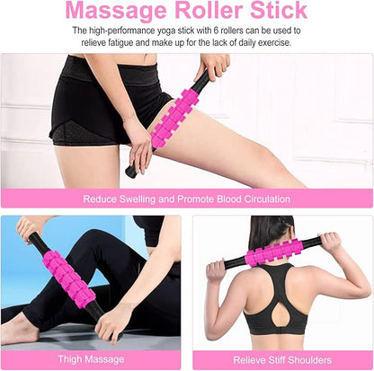 5 in 1 Foam Roller Set Includes Hollow Core Massage Roller, Yoga Stick, Massage Ball, Fitness Stretching Strap, Carrying Bag, Towel, Massage Roller (Pink)