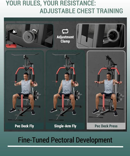 Full Body Workout Station with LAT Pulldown, Chest Press, Leg Extension, Seated Row | Compact Home Gym Equipment for Small Spaces | 300LB Capacity | Fits 1"& 2" Plates (Weights Not Included)