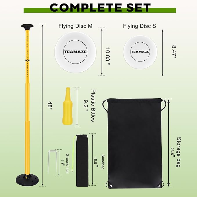 Teamaze Flying Disc Game Set with Height-Adjustable Poles & Score Tracker, Outdoor Bottle Toss Game for Beach, Lawn, Camping, Polish Horseshoes Set for Family & Friends Party Games