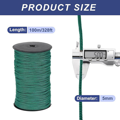 MECCANIXITY 3/16 Inch Polypropylene Rope Braided Ropes, 328ft Nylon Rope Hollow Utility Cord for Clothesline, Camping, Hiking, Outdoor, Ink Green