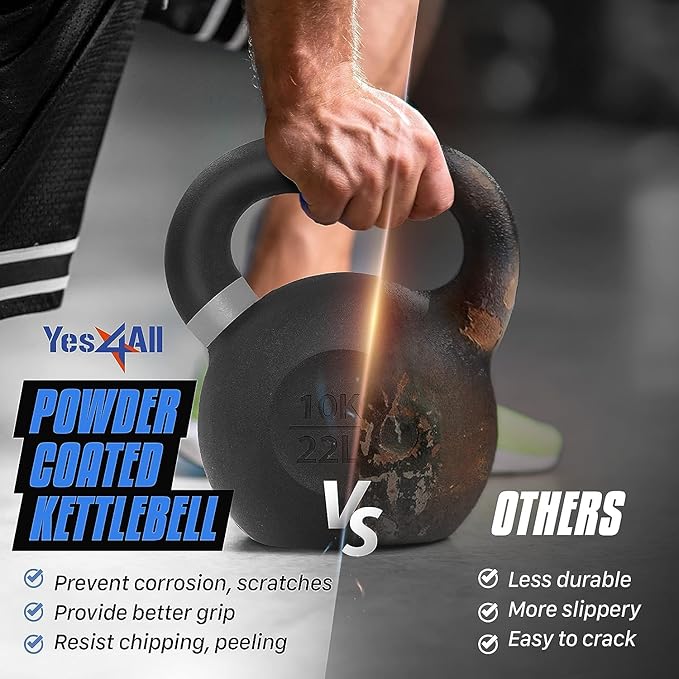 Yes4All Kettlebell, Heavy Duty Powder Coated Cast Iron Kettlebells, Non-Slip Handle & Flat Bottom for Conditioning, Strength Training & Full Body Exercises at Home Gym - Single & Pair