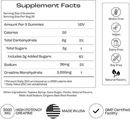 Creatine Monohydrate Gummies - Supports Muscle Growth, Recovery & Brain Function - Convenient & Easy to Take - Great Tasting Watermelon Flavor - 1g per Gummy, Low Sugar - 90 Count