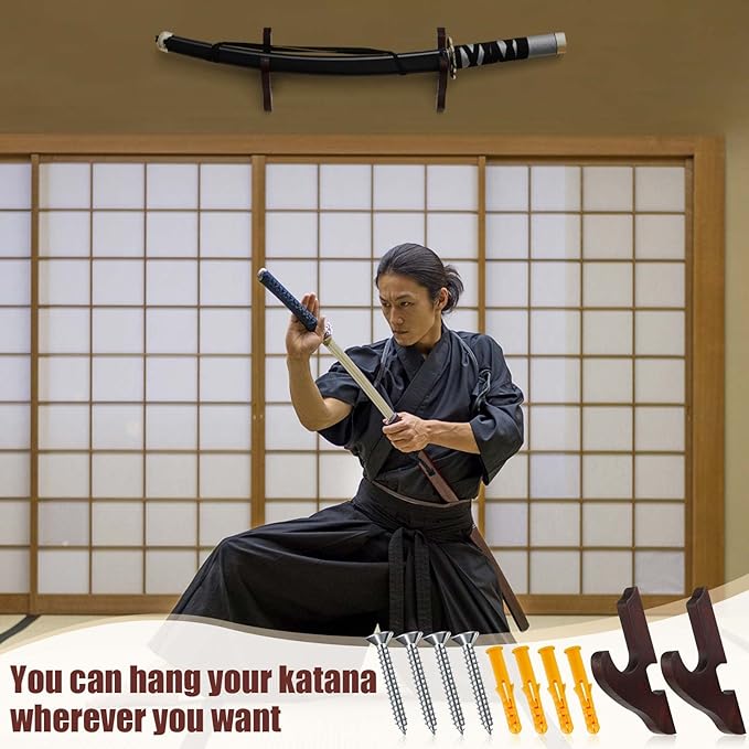 Chunful 2 Pcs Sword Wall Mount Sword Holder Katana Stand 1 Tier Hanger Adjustable Wooden Mounts for Samurai(5.91 x 2.76 x 1.38 Inches,Reddish Brown)