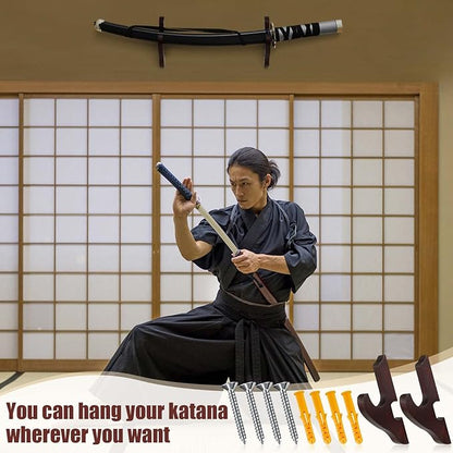 Chunful 2 Pcs Sword Wall Mount Sword Holder Katana Stand 1 Tier Hanger Adjustable Wooden Mounts for Samurai(5.91 x 2.76 x 1.38 Inches,Reddish Brown)