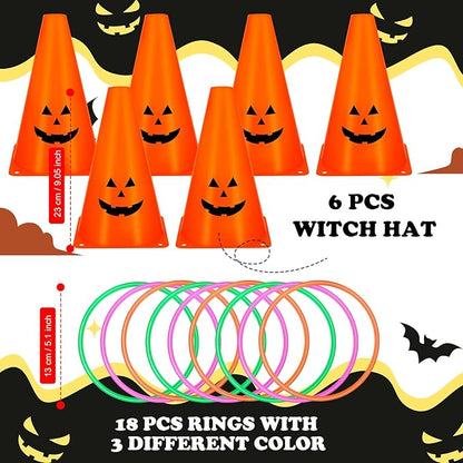 24 PcsHalloween Ring Toss Game Outdoor Carnival Party Games Include 6 Plastic Cones 18 Toss Rings for Halloween Party Games Indoor Outdoor Yard Activities