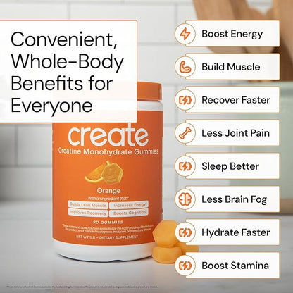 Create Creatine Monohydrate Gummies for Men & Women, Boost Focus, Strength, and Endurance, Anti-Melting Formula, Vegan, Gluten-Free, Non-GMO, 1.5g of Creatine per Gummy (Orange, 90 ct)