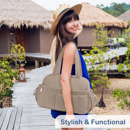 TOPDesign Travel Duffel Bag for Women, Puffer Gym Bag Sports Tote with Wet Pocket, Carry On Weekender with Luggage Sleeve (Camel)