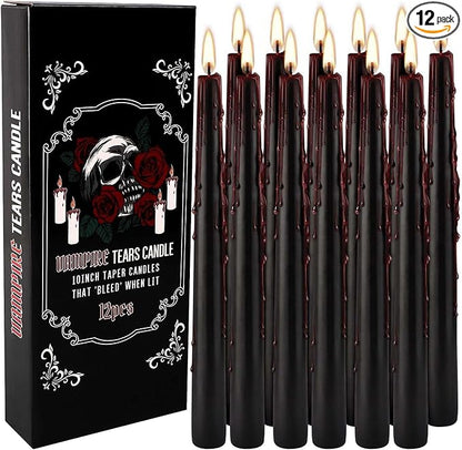 12PCS 10-Inch Black Bleeding Taper Candles,Vampire Tears Taper Candles- Unscented Ideal for Halloween, Christmas, Rituals, and Themed Party Decor