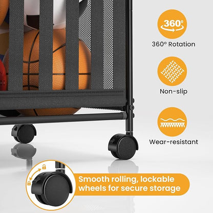 Ball Storage Bin Rolling Storage,Garage Sports Equipment Organizer,Outdoor Toy Box, Gym and Schools, Garage Organization,Can Store basketballs, Footballs and Sports Equipment.(Black)