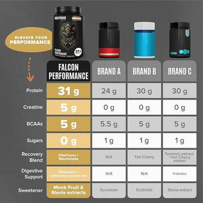 Falcon Performance Vegan Protein Powder, 31g Protein, 5g Creatine, 5g BCAA, Probiotics, Electrolytes, Pre Workout, Low Carb, Sugar Free & Dairy Free, Plant Based Vanilla Protein -19 Servings