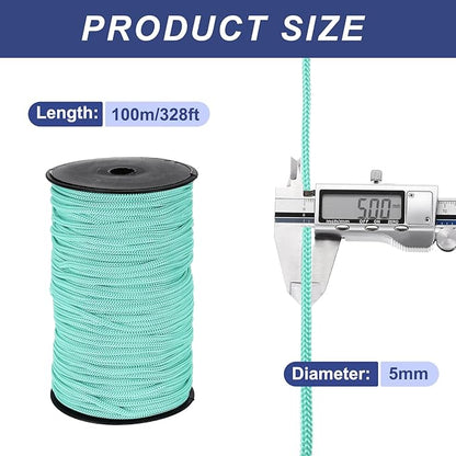 MECCANIXITY 3/16 Inch Polypropylene Rope Braided Ropes, 328ft Nylon Rope Hollow Utility Cord for Clothesline, Camping, Hiking, Outdoor, Light Blue