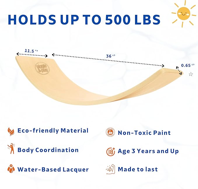 Giggle & Play 36" Wooden Balance Board ??Natural Curvy Wobble Board for Kids, Toddlers & Adults, Montessori Rocker Toy, Yoga Trainer for Office, Home, Classroom Use