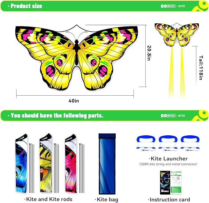 The Doinfly Butterfly-Shaped Kite is an Easy-to-Fly Kite Suitable for Both Children and Adults, and is Highly Suitable for Outdoor Activities. (Two-Piece Set of Butterfly Wings-(Blue+Pink+Yellow), 3)