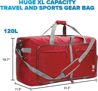 Bago Big XXL Foldable Duffel Bags for Traveling Women & Men - 140L Packable Duffle Bag for Travel with Shoe Compartment - Water Repellant, Heavy Duty, Lightweight Folding & Collapsible (Red)