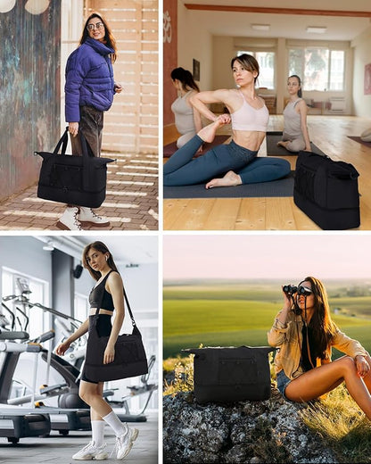 sportsnew Gym Travel Bag for Women, Large Travel Duffel with Shoe Compartment and Wet Pocket, Water Resistant Weekender Overnight Carry on Sports Tote Bags, Black, patent pending