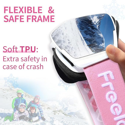 Freela Kids Ski Snowboard Goggles for Toddler(3-14) Youth Anti Fog Anti UV Goggles Girls Boys Snow Skiing Equipment