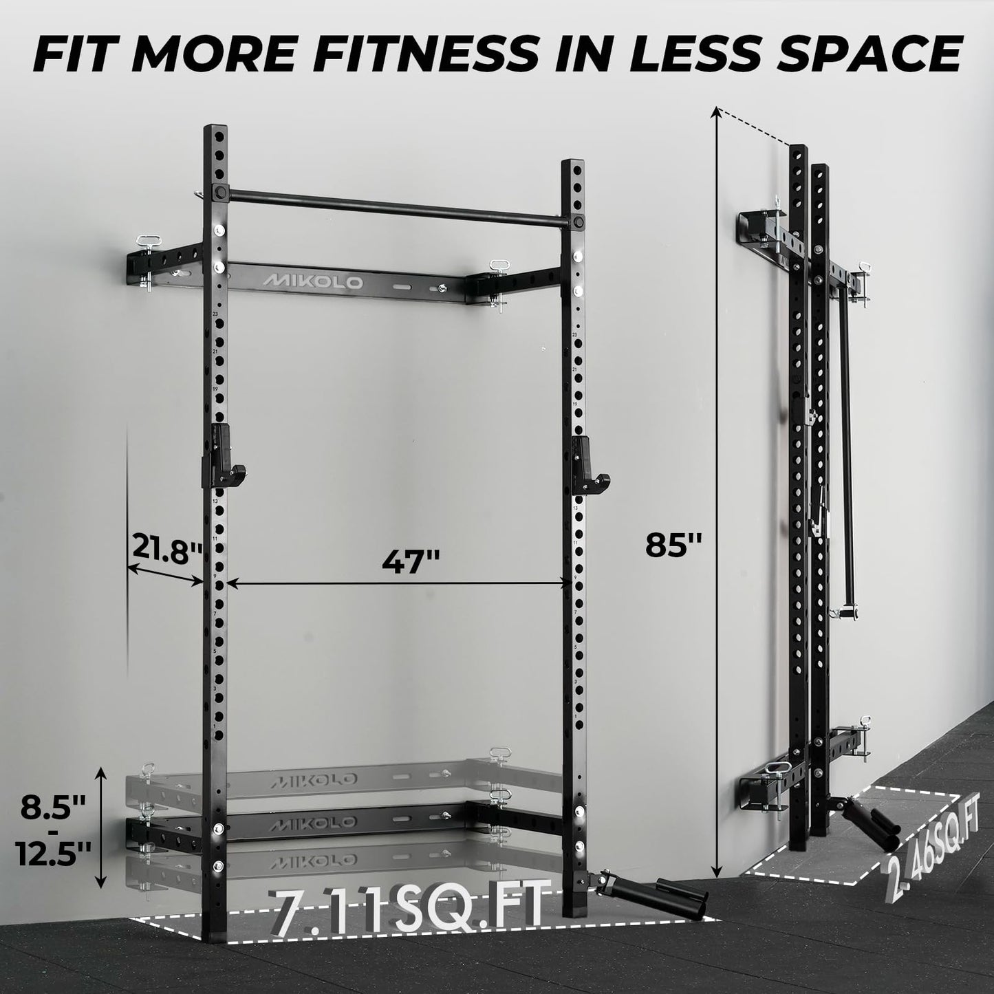 Mikolo 2" x 2" Folding Wall Mounted Squat Rack, 1000 Pounds Capacity Power Rack with Safety