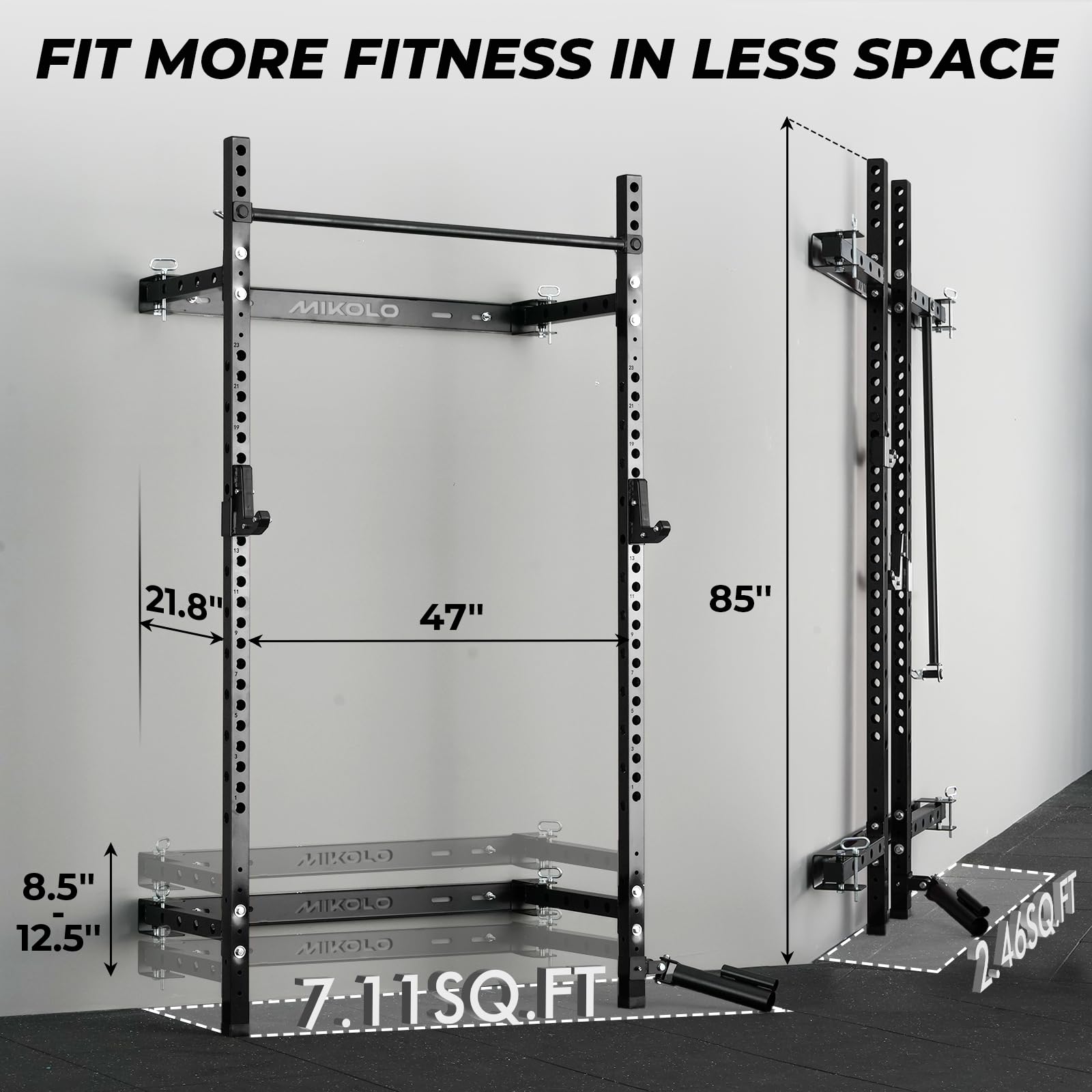 Mikolo 2" x 2" Folding Wall Mounted Squat Rack, 1000 Pounds Capacity Power Rack with Safety