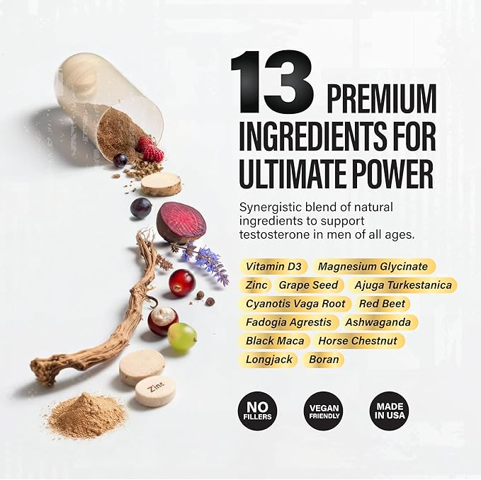 Testosterone Support for Men - Male Enhancing Supplements & Vitality Pills | Testosterone Supplement for Men w/ Turkesterone, Tongkat Ali & Fadogia Agrestis | Boost Muscle Growth, Stamina & Recovery