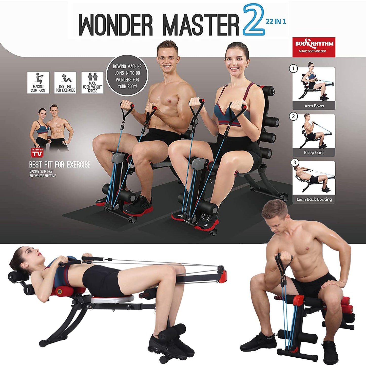 BODY RHYTHM 22 in 1 Wonder Master Core & Abdominal Workout Equipment, Foldable & Adjustable Rowing