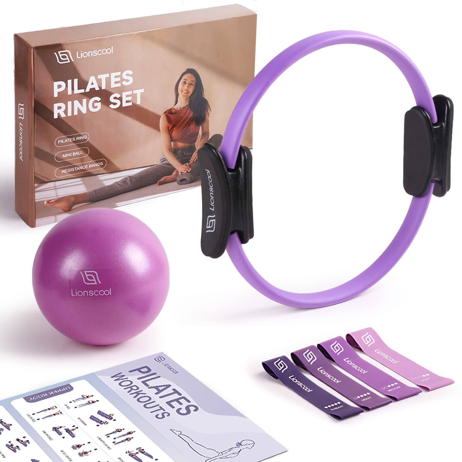LIONSCOOL Pilates Ring Set 14" Magic Circle, 9" Mini Ball, Resistance Bands