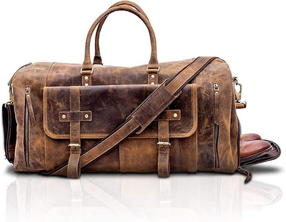 KomalC 24 Inch Leather Duffel Bags for Men and Women Full Grain Leather Travel Overnight Weekend Leather Bags Sports Gym Duffle for Men (Brown Tan with shoe pocket)