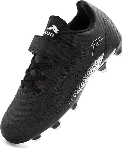 RUNIC Kids Soccer Cleats for Boys and Girls - Small and Big Kid Athletic Outdoor Football Shoes - Firm Ground - Hook and Loop Closure - Black/Gold