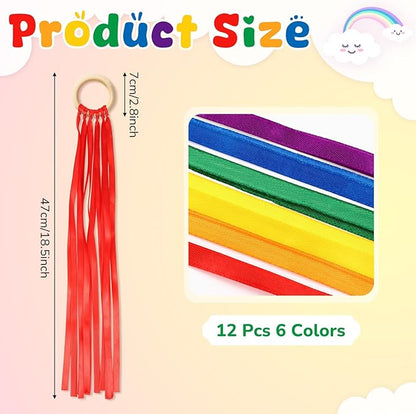 Deekin 12 Pcs Rainbow Ribbon Wooden Waldorf Toys Creative Waldorf Hand Kite Set Streamers with Wood Ring Sensory Learning Educational Toy for Playroom Dancing Birthday(Stylish Color)
