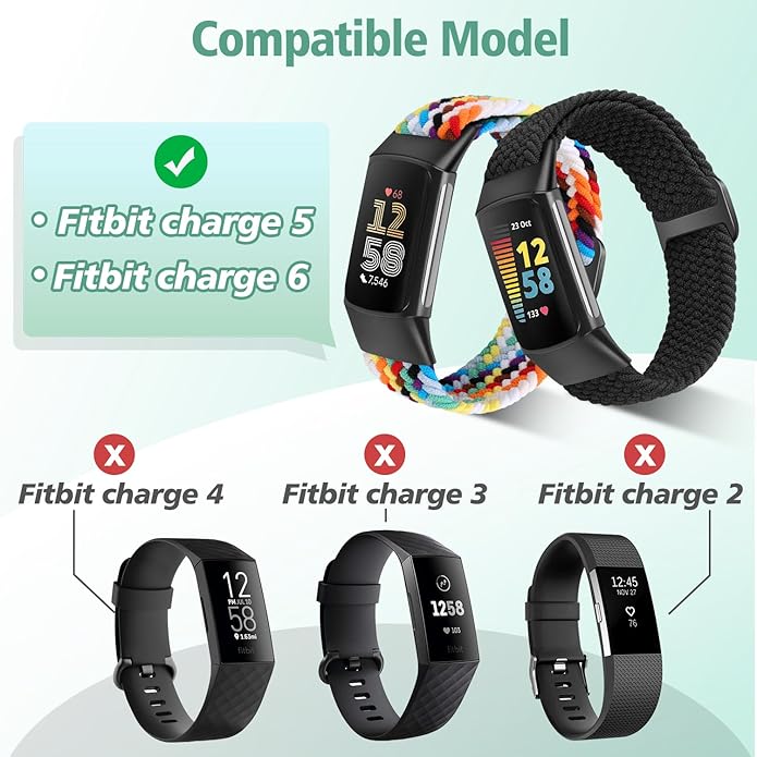 Elastic Braided Bands Compatible with Fitbit Charge 5/Fitbit Charge 6 for Women Men, Breathable Adjustable Stretchy Nylon Loop Sport Replacement Wristbands for Fitbit Charge 6 Charge 5 Straps