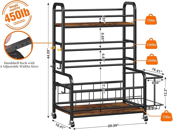 Homeiju 450LBS Dumbbell Rack,Weight Rack for Dumbbells,Weight Rack for Home Gym,Home Gym Storage for Strength Training Dumbbell Racks Stand with Wheels&Hooks