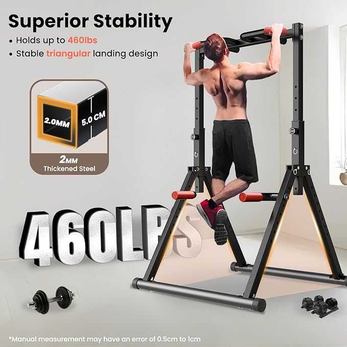 Power Tower Pull Up Dip Station Foldable, Pull Up Bar Station Adjustable, Multi-Function Home Gym, Strength Training Fitness Equipment, Triangular Design, for Home Outdoor
