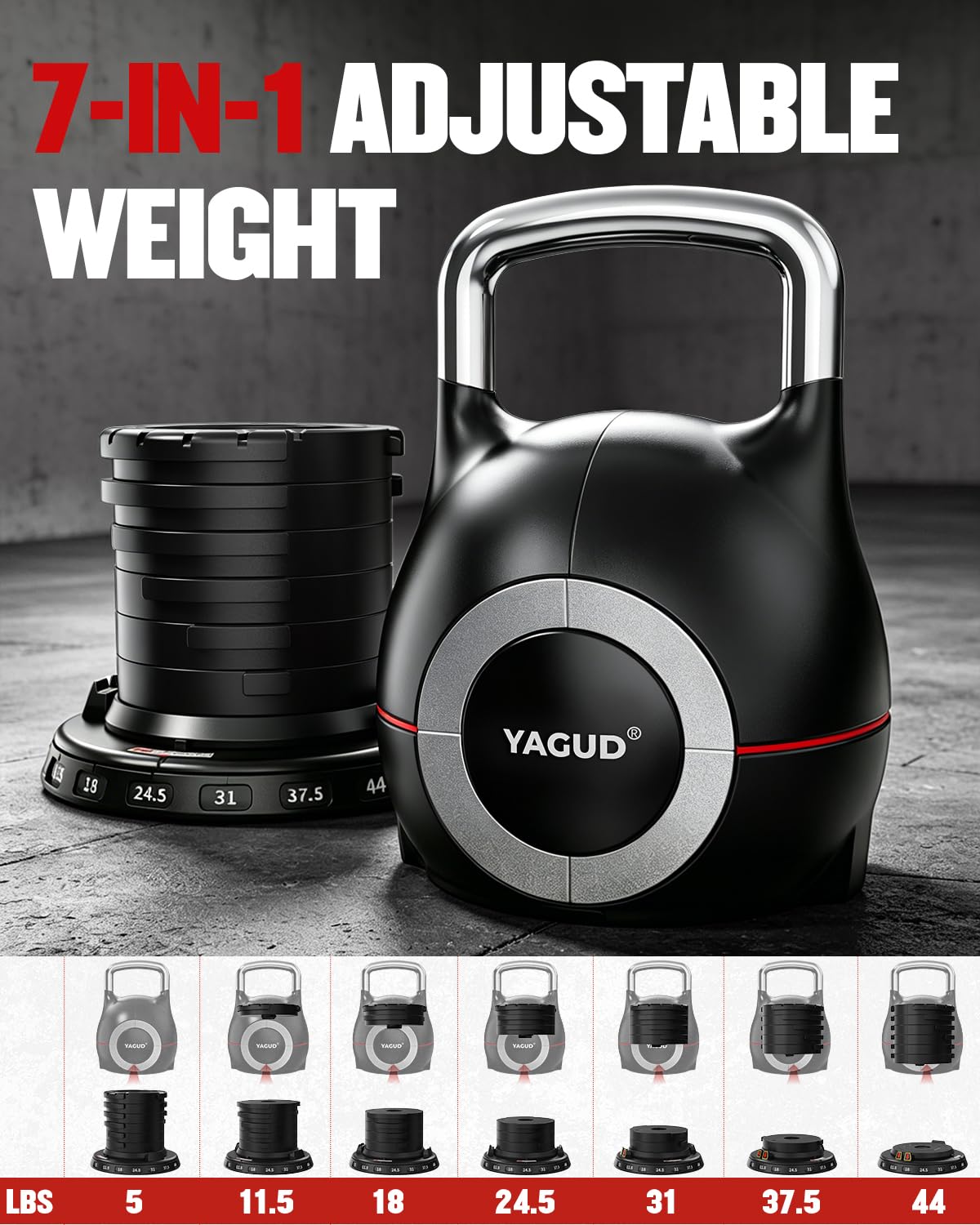 Yagud Adjustable Kettlebell for Strength Training, Quick-Change 5-44lbs Kettle Bells Weights Set