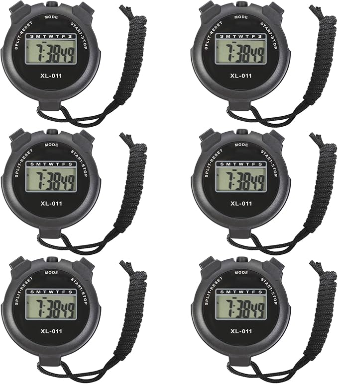 6-Pack Multi-Function Electronic Digital Sport Stopwatch Timer, Large Display with Date Time and Alarm Function, Sports Coaches Fitness Coaches and Referees Black