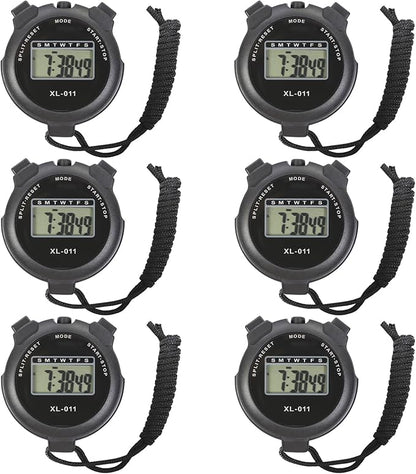 6-Pack Multi-Function Electronic Digital Sport Stopwatch Timer, Large Display with Date Time and Alarm Function, Sports Coaches Fitness Coaches and Referees Black