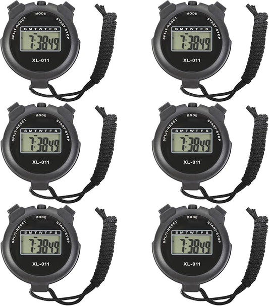 6-Pack Multi-Function Electronic Digital Sport Stopwatch Timer, Large Display with Date Time and Alarm Function, Sports Coaches Fitness Coaches and Referees Black