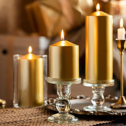 MOZEAL 3" x 6" Hand-Poured Unscented Gold Pillar Candles,Dripless Candles Set of 3,Long Lasting Burning,Approx 100 Hours Burn Time for Wedding,Dinner,Christmas and Home Decor
