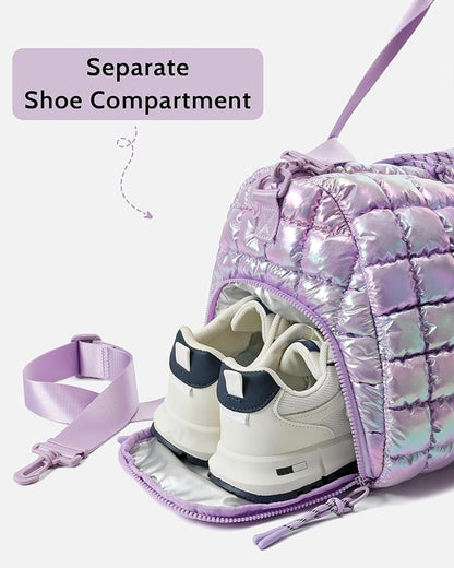 Quilted Duffel Bag for Women, Puffer Gym Duffle Bag with Shoe Compartment Lightweight Large Crossbody Sport Travel Bag Tote Purple Lilac