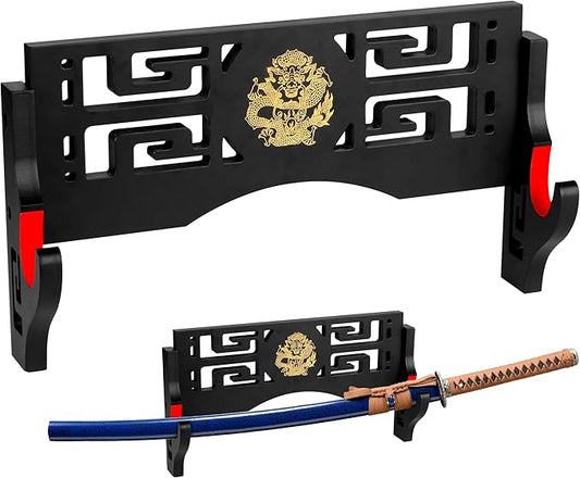Sword Display Katana Wall Mount, Samurai Sword Katana Holder Stand with Velvet Padded Hook & Dragon Pattern, Sword Rack for Lightsaber Wakizashi Samurai- 1 Tier