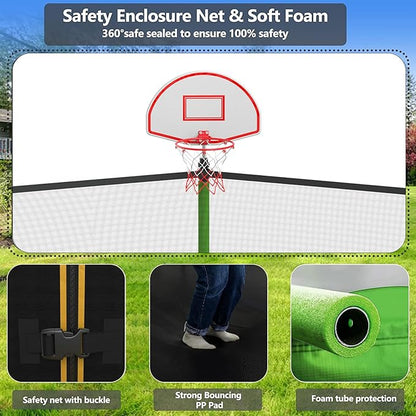 Upgraded 10/12/14/15/16FT Trampoline Outdoor, Large Kids Trampoline with Light, Stakes, Sprinkler, Backyard Trampoline with Basketball Hoop and Net, Capacity for 4-6 Kids and Adults